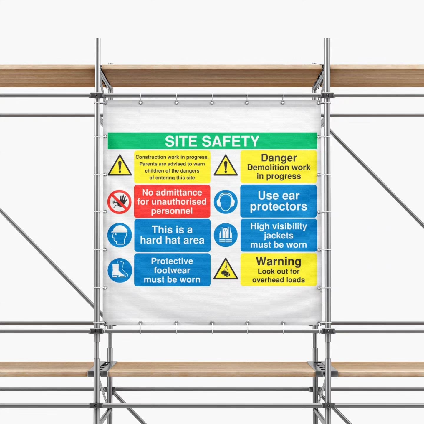 Scaffold with safety site banner hung on it