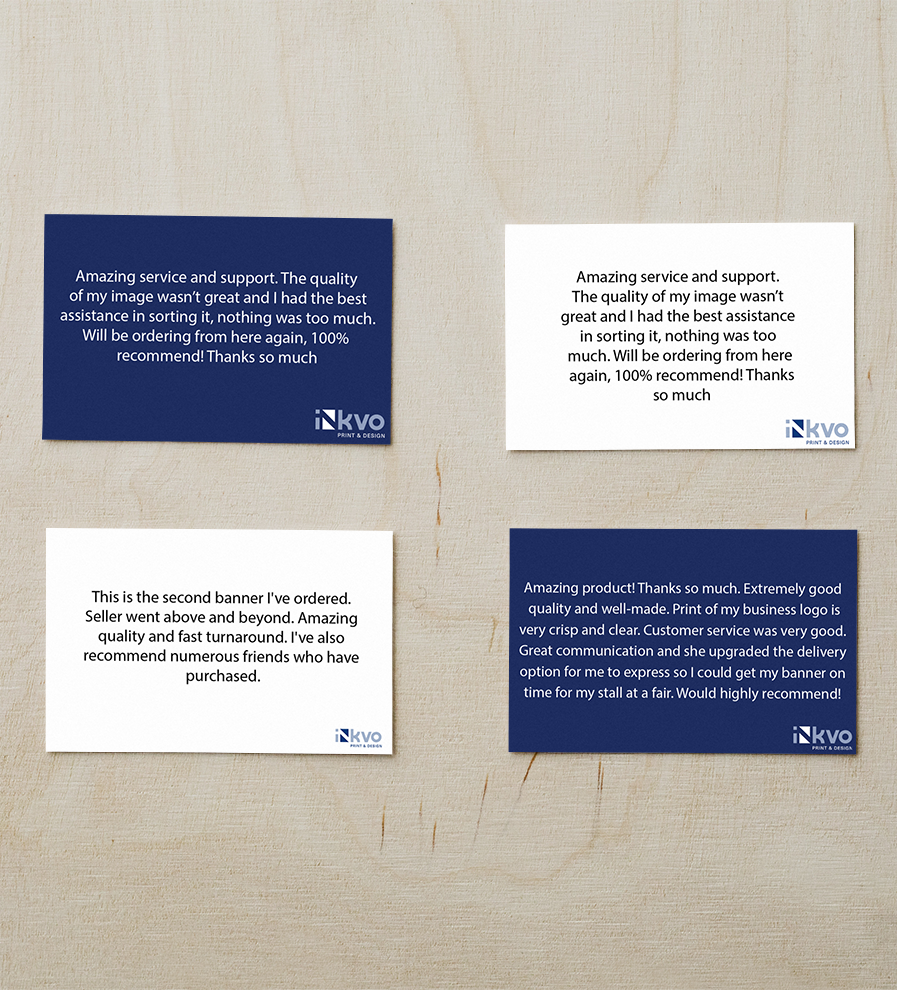 4 business cards with customer reviews on 